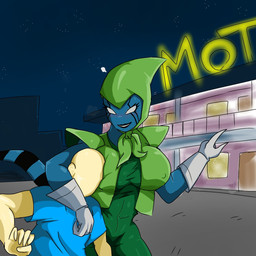 ambiguous_gender blue_clothing blue_shirt blue_topwear clothing duo featureless_face female head_on_breast imminent_sex motel shirt topwear golden_toad ben_10 cartoon_network t8-m alien human humanoid kineceleran mammal 1:1 2024 hi_res tagme