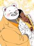 anthro blush clothing duo fur hug male necktie shirt suit tattoo topwear white_body white_fur nekokat42 one_piece bepo_(one_piece) trafalgar_law bear human mammal minkmen_(one_piece) polar_bear ursine 2024 hi_res