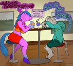 alcohol anthro barefoot beer beverage big_breasts blue_hair blue_mane blue_tail bottomwear breasts cherry clothed clothing cocktail cocktail_glass confusion container covering covering_eyes covering_face cup despair dialogue drinking drinking_glass drinking_straw duo eyes_closed feet female food fruit fur glass glass_container glass_cup gossip hair hand_on_head hoodie hooves humor male mane midriff muffin_top open_mouth pink_body pink_fur plant pun purple_drink purple_hooves red_clothing shirt shorts silly_straw size_difference skirt smile tail tank_top teal_bottomwear teal_clothing teal_hoodie teal_shorts teal_topwear text thick_thighs toes topwear snufflesnuf mellowfield_(snufflesnuff) rillian_(snufflesnuf) armadillo equid equine hybrid mammal mule xenarthran hi_res