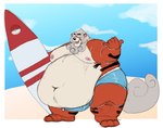 2021 anthro anthrofied beach belly big_belly canid canine captainjusticevirtsuoso clothing generation_8_pokemon hi_res hisuian_form hisuian_growlithe male mammal moobs navel nintendo nipples obese obese_anthro obese_male outside overweight overweight_anthro overweight_male pokemon pokemon_(species) pokemon_legends_arceus pokemorph regional_form_(pokemon) seaside solo surfboard swimwear