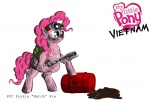 blue_eyes dog_tags evil_grin eyewear female feral flamethrower fur goggles hair oil oil_drum pink_body pink_fur pink_hair ranged_weapon simple_background smile solo tail vietnam weapon white_background unknown_artist friendship_is_magic hasbro my_little_pony pinkie_pie_(mlp) earth_pony equid equine horse mammal pony hi_res