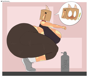 anthro big_breasts big_butt blush bodily_fluids bottle bottomwear bra breasts butt clothing container crew_socks crossgender crouching curvy_figure female footwear fur green_eyes grey_clothing grey_footwear grey_shoes horn huge_breasts huge_butt hyper markings mtf_crossgender pants paper_bag paper_bag_mask shoes side_view socks solo speech_bubble sports_bra sportswear spots spotted_body spotted_fur sweat thick_thighs underwear voluptuous water_bottle yoga yoga_pants faststacksunderscore fraye_(faststacksunderscore) bovid caprine hybrid mammal sheep-goat 2025 absurd_res hi_res