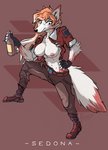 alcohol anthro athletic athletic_anthro athletic_female beer beverage big_breasts boots breasts clothed clothing crop_top drinking exposed_breasts female footwear fur hand_on_hip midriff nipples open_clothing open_shirt open_topwear orange_body orange_fur pilot pose shirt shoes solo topwear white_body white_fur fyixen bomberman bomberman_jetters konami sedona_(fyixen) arctic_fox canid canine fox mammal true_fox absurd_res hi_res pinup