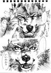 anthro dialogue kemono looking_at_viewer male solo speech_bubble text emboss0320 canid canine canis mammal wolf 2013 graphite_(artwork) greyscale japanese_text mixed_media monochrome pen_(artwork) sequence sketch traditional_media_(artwork) translated