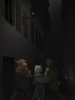 alley ambiguous_gender anthro blue_eyes cloak clothed clothing crossed_arms dark female feral fire group hair hand_on_chin lamp lantern looking_down male map melee_weapon scared sword tail weapon yellow_eyes detts mythology canid canine dragon ghost mammal mythological_creature mythological_scalie scalie spirit 2014 dark_theme hi_res