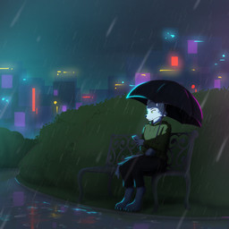 ambiguous_gender anthro bench bottomwear building cellphone city cityscape clothing electronics fur green_eyes holding_object hoodie looking_at_object looking_at_phone neon_lights night pants phone plant raining shrub smartphone solo tail topwear umbrella white_body white_fur smashedplate21 lily_(atrumpet) canid canine canis mammal wolf 1:1 hi_res