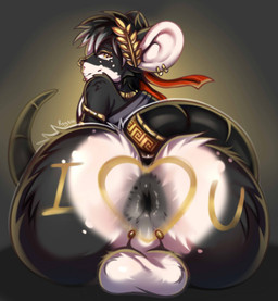 anal anthro anus backsack balls big_butt black_anus black_body black_fur body_writing butt butt_focus countershade_butt countershade_face countershading ear_piercing eyebrow_piercing facial_piercing femboy fur genital_piercing genitals guiche_piercing looking_at_viewer looking_back looking_back_at_viewer makeup male male_anthro markings multicolored_body nose_piercing nude_anthro nude_male penis penis_piercing perineum piercing presenting presenting_anus presenting_balls rear_view smile solo tail white_body white_countershading white_fur writing_on_butt rogbiejoke philomaeus mammal murid murine rat rodent digital_media_(artwork) digital_painting_(artwork) hi_res painting_(artwork) signature