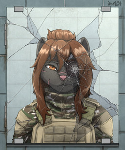 1_eye anthro bathroom black_body black_fur brown_eyes brown_hair eye_patch eyewear facial_scar female fur hair looking_at_viewer military mirror scar solo blokfort mammal mephitid skunk hi_res