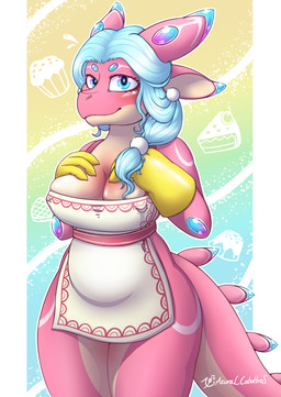 anthro apron apron_only belly blue_hair blush breasts claws clothing female gloves hair handwear looking_at_viewer pink_body pink_scales scales simple_background slightly_chubby smile solo tail thick_thighs azural_cobaltros kobold scalie absurd_res hi_res