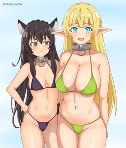 annoyed big_breasts bikini bikini_only bikini_thong black_hair blonde_hair blue_eyes blush breast_envy breast_size_difference breasts clothed clothing collar duo female glistening glistening_breasts glistening_thighs green_bikini green_clothing green_eyes green_swimwear hair hand_on_hip humanoid_pointy_ears inner_ear_fluff legs_together long_hair looking_at_another looking_at_another's_breasts looking_at_breasts looking_at_viewer metal_collar navel not_furry open_mouth pointy_ears purple_bikini purple_clothing purple_swimwear simple_background skimpy small_breasts small_waist standing swimwear text tuft twitter_handle two-piece_swimsuit white_background eclypsea how_not_to_summon_a_demon_lord rem_galleu_(how_not_to_summon_a_demon_lord) shera_l_greenwood animal_humanoid cat_humanoid elf felid felid_humanoid feline feline_humanoid humanoid mammal mammal_humanoid 2024 absurd_res artist_name hi_res portrait three-quarter_portrait