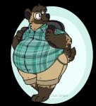 ambiguous_gender anthro backpack belly big_belly brown_body brown_fur button_(fastener) clothed clothing eyewear fur glasses overweight overweight_ambiguous overweight_anthro smile solo straining_buttons thick_thighs walking chub-united hyena mammal spotted_hyena alpha_channel