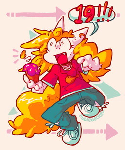 abstract_background ambiguous_gender anthro bar_emanata big_eyes birthday blonde_hair blue_bottomwear blue_clothing blue_jeans blue_pants bottomwear clothed clothing cupcake denim denim_bottomwear denim_clothing drumstick_(food) emanata eyelashes fingers fire food footwear freckled_face freckles front_view fully_clothed fur hair holding_cupcake holding_food holding_object jeans long_hair multicolored_body multicolored_fur open_mouth pants red_clothing red_shirt red_tongue red_topwear shirt shoes snaggle_tooth solo speech_bubble tail text tongue toony topwear two_tone_body two_tone_fur white_body white_clothing white_footwear white_fur white_shoes yellow_body yellow_fur josszzol cc-by-nc-nd creative_commons filip_(josszzol) domestic_cat felid feline felis mammal 2023 artist_name cel_shading full-length_portrait hi_res portrait shaded male_(lore)