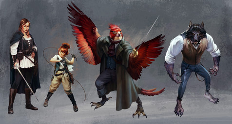 anthro barefoot beak belt black_body black_fur boots bottomwear cape claws clothing feathers feet female footwear fur grey_background grey_body grey_fur group holding_melee_weapon holding_object holding_sword holding_weapon holding_whip humanoid_pointy_ears jacket male melee_weapon muscular muscular_male pants pointy_ears red_body red_feathers shirt shoes simple_background size_difference smile standing sword talons toes topwear weapon whip borja_pindado les_heritiers avian canid dwarf human humanoid mammal hi_res official_art
