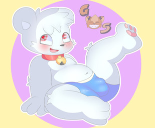 4_fingers anthro bell belly boxer_briefs bulge clothing collar detailed_bulge fingers fluffy male navel paws red_eyes smile solo underwear young young_male georgesabertooth teddy_frozen bear mammal polar_bear ursine hi_res