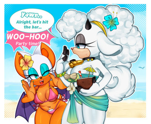 accessory anthro beach beverage big_breasts bikini blue_eyes blue_nails bracelet breasts cleavage clothed clothing collar colored_nails cowbell dialogue duo eyeshadow female fingers flower flower_in_hair fur hair hair_accessory hooved_fingers hooves horn jewelry long_ears makeup markings mole_(marking) mole_on_breast nails orange_body plant pubes pubes_exposed sea string_bikini swimwear text two-piece_swimsuit water white_body white_fur wings wool_(fur) kore_eon idw_publishing sega sonic_the_hedgehog_(comics) sonic_the_hedgehog_(idw) sonic_the_hedgehog_(series) lanolin_the_sheep_(sonic) rouge_the_bat bat bovid caprine mammal sheep english_text hi_res