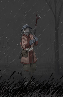 anthro armor blood bodily_fluids digitigrade forest forest_background holding_melee_weapon holding_object holding_polearm holding_spear holding_weapon male medieval medieval_armor medieval_clothing melee_weapon nature nature_background plant polearm raining solo spear standing tree weapon garbagegarage lagomorph leporid mammal rabbit hi_res