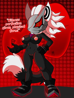 anthro areola big_breasts black_body black_clothing black_footwear black_fur black_gloves black_handwear black_shoes breasts clothing crossgender dialogue dipstick_tail female footwear front_view fur genitals gloves hand_on_hip handwear looking_at_viewer markings mask navel nipples nude pink_areola pink_nipples red_sclera shoes solo tail tail_markings talking_to_viewer text thick_thighs vulva white_body white_fur wide_hips yellow_eyes skwid sega sonic_forces sonic_the_hedgehog_(series) infinite_(sonic) canid canine canis jackal mammal 3:4 english_text hi_res