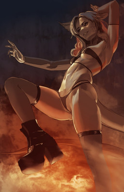 5_fingers accessory anthro bonfire boots bra breasts claws clothed clothing dancing desert eyebrows eyelashes female finger_claws fingers fire footwear genitals glowing gradient_background hair harness high_heeled_boots high_heels legwear long_hair long_tail low-angle_view night panties pussy_floss scales shoes simple_background skimpy small_breasts smile smoke solo stockings tail thick_tail thigh_highs under_boob underwear vulva hnz digital_media_(artwork) hi_res