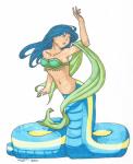 absurd_res apode bangle blue_hair breasts chandi clothed clothing draconcopode female green_eyes hair hi_res humanoid jewelry koshkio lamia legless partially_clothed reptile scales scalie serpentine simple_background small_breasts snake solo split_form topwear tube_top white_background