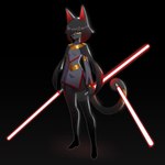 accessory anthro black_background black_body black_bottomwear black_cape black_clothing black_hair black_pants bottomwear bracelet cape clothed clothing female furgonomics gold_(metal) gold_bracelet gold_jewelry hair hair_over_eye jewelry lightsaber melee_weapon obstructed_eye pants prehensile_tail red_eyes red_lightsaber short_hair simple_background solo standing tail tail_accessory tail_bracelet tail_hold tail_holding_object tail_holding_weapon tail_jewelry weapon 00niine star_wars 1:1 hi_res