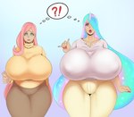 age_difference alternate_species big_breasts breast_size_difference breasts duo female hair horn huge_breasts humanoidized hyper hyper_breasts interrobang mature_female multicolored_hair older_female pink_hair wings younger_female sundown_(artist) friendship_is_magic hasbro my_little_pony fluttershy_(mlp) princess_celestia_(mlp) horned_humanoid humanoid winged_humanoid hi_res