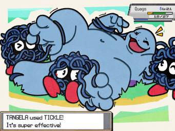 3_toes 4_fingers blue_body feet fingers gameplay_mechanics group gui health_bar laugh lying navel on_back one_eye_closed open_mouth open_smile restrained smile soles tail tickle_fetish tickle_torture tickling tickling_armpits tickling_feet toes patugh nintendo pokemon generation_1_pokemon generation_2_pokemon pokemon_(species) quagsire tangela 4:3 hi_res
