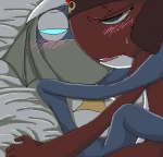 amphibian anthro bed bed_sheet bedding blue_eyes bone dororo_(sgt._frog) duo embrace furniture giroro hug keronian male mask nellonello scar sex sgt._frog skull