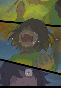 ambiguous_gender ambiguous_human anthro blood bodily_fluids brown_hair clothed clothed_human clothing crying detailed_background duo eye_through_hair freckled_face freckles hair knife light_body light_skin open_mouth plant purple_body purple_scales scales self-harm tears translucent translucent_hair tree wounded rangai deltarune undertale_(series) kris_dreemurr susie_(deltarune) human mammal reptile scalie 2021 comic digital_drawing_(artwork) digital_media_(artwork) english_description japanese_description female_(lore)