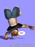 acrobatic anthro bottomwear chest_tuft clothed clothing clothing_lift denim denim_bottomwear denim_clothing denim_shorts dialogue eyewear fingerless_gloves glasses gloves hair hand_on_ground handwear looking_at_viewer male navel overweight shirt shirt_lift shorts simple_background smile solo speech_bubble spread_arms tail text topwear tuft young young_anthro young_male jackthorn jackal_pawpad canid canine canis jackal mammal 2015 3d_(artwork) digital_media_(artwork) signature