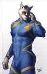 5_fingers anthro black_nose blue_clothing bodysuit bulge clothed clothing eyewear fingers front_view fur humanoid_hands looking_at_viewer male muscular muscular_anthro muscular_male nipple_outline skinsuit solo standing sunglasses tight_clothing white_body white_fur nick300 doghero canid canine canis domestic_dog mammal 2010 digital_media_(artwork) full-length_portrait portrait signature