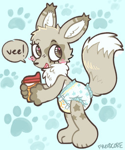 ambiguous_gender anthro beverage blush clothed clothing container dialogue diaper diaper_only fur heart_eyes heart_symbol male markings open_mouth pattern_diaper paws simple_background smile solo speech_bubble standing star tail text topless tuft wearing_diaper young young_anthro freudcore nintendo pokemon eevee eeveelution generation_1_pokemon pokemon_(species) 2024 signature