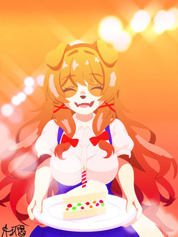 accessory anthro bangs big_breasts birthday_cake birthday_candle blue_clothing bow_(feature) bow_accessory bow_ribbon breasts brown_body brown_fur brown_hair cake cake_slice clothed clothing collared_shirt cute_fangs dessert dress dress_shirt eyes_closed facial_tuft fangs female fingers floppy_ears food fur gloves_(marking) hair hair_accessory hair_bow hair_ribbon long_hair markings multicolored_body offering_food offering_to_viewer open_mouth open_smile pigtails plate ribbons shirt smile solo teeth topwear tuft two_tone_body white_body white_fur fulgito_ast canid canine canis collie domestic_dog herding_dog mammal pastoral_dog rough_collie sheepdog 3:4 digital_media_(artwork) half-length_portrait hi_res lineless portrait signature