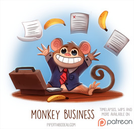 ambiguous_gender banana beady_eyes black_eyes bottomless briefcase brown_body brown_fur clothed clothing feral food fruit fur grin humor necktie paper plant pun smile solo suit tan_body tan_fur teeth text throwing visual_pun piper_thibodeau haplorhine mammal monkey primate digital_media_(artwork) digital_painting_(artwork) english_text painting_(artwork)