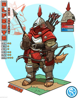 5_toes ambiguous_gender anthro archer armor arrow_(weapon) backpack belt bevor black_nails boots bottomwear bow_(weapon) clothed clothing colored_nails cuirass feet fingerless_gloves footwear fur gloves greaves handwear headgear helmet holding_arrow holding_object holding_weapon humanoid_feet humanoid_hands nails pants plantigrade plate_armor quiver_(object) ranged_weapon scarf shield shoes simple_background solo standing stats tan_body tan_fur toeless_boots toeless_footwear toes vambrace weapon ceehaz dog_knight_rpg canid canine canis domestic_dog mammal 2026 4:5 absurd_res hi_res signature