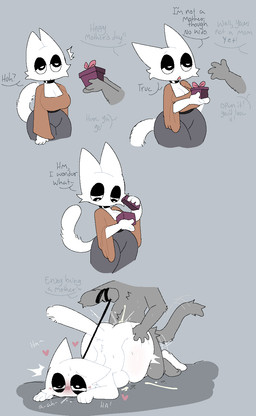 ambiguous_penetration anthro biped clothed clothing dialogue duo female fingers fur grey_body grey_fur grey_tail heart_symbol male male/female nude nude_anthro nude_female open_mouth penetration penile penile_penetration sex tail text white_body white_fur white_tail snazzle_snapp domestic_cat felid feline felis mammal english_text hi_res