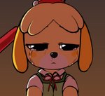 animal_crossing anthro bell big_eyes black_eyes blush blush_stickers bodily_fluids breasts canid canine canis cleavage clothed clothing collar crying digital_media_(artwork) domestic_dog e254e executioner female fur guilty hi_res isabelle_(animal_crossing) mammal natural_breasts nintendo sad small_mouth snot solo sunset tears why yellow_body yellow_fur