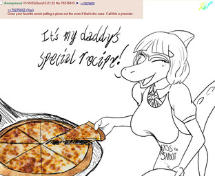 anthro apron bone_frill breasts clothed clothed_anthro clothed_female clothing dialogue eyes_closed eyewear female fingers food frill_(anatomy) glasses happy humanoid_hands medium_breasts medium_hair non-mammal_breasts open_mouth open_smile pizza pizza_slice smile solo spiked_tail spikes spikes_(anatomy) tail talking_to_another text 2sleepee 4chan cavemanon_studios goodbye_volcano_high ko_op_(game_developer) snoot_game naomi_(gvh) dinosaur hadrosaurid ornithischian ornithopod parasaurolophus prehistoric_species reptile scalie digital_media_(artwork) english_text greyscale hi_res monochrome photography_(artwork) sketch
