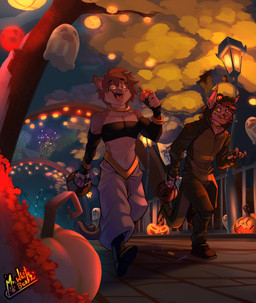 amusement_park anthro candy clothing costume dessert duo food fruit hair holidays male night plant pumpkin red_hair trick-or-treating mrwhitebear halloween enzyme_(character) scorge_(ace1) canid canine canis domestic_cat domestic_dog felid feline felis ghost mammal spirit absurd_res digital_media_(artwork) hi_res smaller_version_at_source