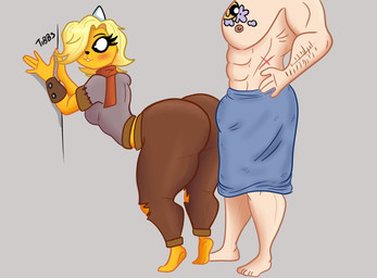 anthro blonde_hair bottomwear chest_tattoo clothing duo female hair horn male male/female muscular muscular_male orange_body pants scarf shirt tattoo topwear towel white_eyes tibbs adventure_time cartoon_network bronwyn_(adventure_time) finn_the_human bear canid canine canis domestic_dog human hybrid mammal pup_(adventure_time) rainicorn hi_res adopted_(lore) niece_(lore) uncle_(lore) uncle_and_niece_(lore)