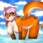 anthro arms_in_water black_nose blush brown_body brown_fur detailed_background extended_arms facial_markings female fur green_eyes hair head_markings legs_in_water looking_at_viewer markings nipples nude open_mouth orange_body orange_fur outside partially_submerged pink_hair sea seascape seaside sky solo submerged_legs water white_body white_fur sm0shy mammal mustelid otter 1:1 absurd_res hi_res