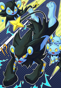 ambiguous_gender black_body black_fur blue_body blue_fur electricity feral fur group male tail yellow_eyes cccp224 nintendo pokemon felid generation_4_pokemon luxio luxray mammal pokemon_(species) shinx hi_res