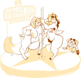 anthro big_breasts blush breasts buckteeth butt_slap curvy_figure eyewear featureless_crotch female glasses group hooves huge_breasts male nipples pole pubes slap smile spanking standing strip_club stripper stripper_pole teeth thick_thighs voluptuous jinti jinti_(character) maty bovid canid canine canis caprine domestic_dog goat lagomorph leporid mammal rabbit hi_res