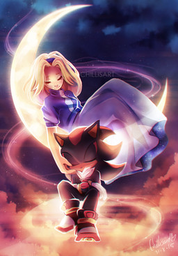 anthro black_body black_fur blonde_hair blue_clothing blue_dress clothing cloud dress duo eyes_closed female footwear fur gloves hair hand_on_face handwear male moon night red_body red_fur shoes sitting sky star starry_sky spacecolonie sega sonic_the_hedgehog_(series) maria_robotnik shadow_the_hedgehog eulipotyphlan hedgehog human mammal 2015 dated hi_res