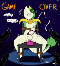 ambiguous_fluids anal anthro anthro_focus anus arms_tied big_penis bodily_fluids bound brick_wall clenched_teeth cum cum_drip cum_on_leg cum_on_penis cumshot dialogue dildo dildo_sitting disembodied_penis domino_mask dripping drooling egg_vibrator ejaculation erection eyemask eyes_closed eyewear forced forced_orgasm game_over gameplay_mechanics genital_fluids genitals glans green_anus green_body green_glans green_mask green_penis green_scales hands-free hands_behind_back humanoid_genitalia humanoid_penis imminent_gangbang legs_tied male male/male male_focus mask motion_lines orgasm penetration penile penis saliva scales sex_toy shaking solo_focus submissive submissive_anthro submissive_male teeth text thought_bubble tied_to_chair trembling vibrator vibrator_on_penis wall_(structure) felino nintendo pokemon fan_character prince_(farflord) ambiguous_species generation_5_pokemon pokemon_(species) scalie servine 2025 absurd_res english_text hi_res