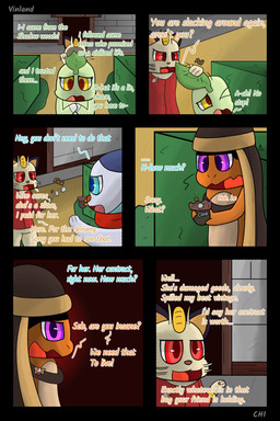 anthro badge biped cloth dialogue fantasy freckled_face freckles semi-anthro speech_bubble text vinland nintendo pokemon pokemon_mystery_dungeon spike_chunsoft anders_(infinitydoom) sebastian_(infinitydoom) charmander chikorita generation_1_pokemon generation_2_pokemon generation_5_pokemon meowth oshawott pokemon_(species) 2:3 absurd_res artist_name comic digital_drawing_(artwork) digital_media_(artwork) english_text hi_res shaded simple_shading story