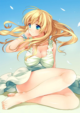 5_toes barefoot big_breasts blonde_hair blue_eyes breasts cleavage clothed clothing dress feet female hair hand_behind_head human_only long_hair not_furry petals solo toes wind mizuto_umi_(blue_monday) human mammal grandfathered_content