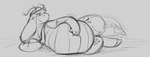 belly big_belly blush blush_lines eyewear eyewear_on_head feral goggles goggles_on_head hand_on_belly lying mouth_closed narrowed_eyes on_side rumbling_stomach smile tail thick_thighs vore raster_dreams nintendo pokemon dragonite generation_1_pokemon pokemon_(species) 2019 monochrome