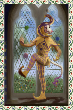 5_fingers anthro biped border clothed clothing day eyebrows eyelashes fingers fool's_hat harlequin hat headgear headwear jester juggling male medieval open_mouth pink_nose pose solo standing tail teeth text tongue white_text leprzil artfight2026 canid canine canis domestic_dog greyhound hunting_dog mammal sighthound 2026 english_text hi_res
