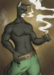 anthro belt biceps black_body black_fur bottomwear cigarette clothed clothing detective fur green_eyes looking_at_viewer male muscular muscular_anthro muscular_male nipples pants pecs pink_nipples pose simple_background smoke smoke_from_mouth solo taking_off_pants topless topless_male pistacho blacksad john_blacksad domestic_cat felid feline felis mammal absurd_res hi_res pinup