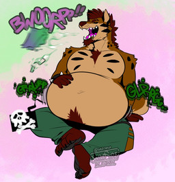 after_vore anthro anthro_pred bottomwear burping clothing death eyewear glasses male male_anthro male_pred open_mouth pants rumbling_stomach shirtless solo text tongue torn_bottomwear torn_clothing torn_pants vore wildside wild_(wildside) canid canine hyena mammal 2022 dated english_text signature watermark